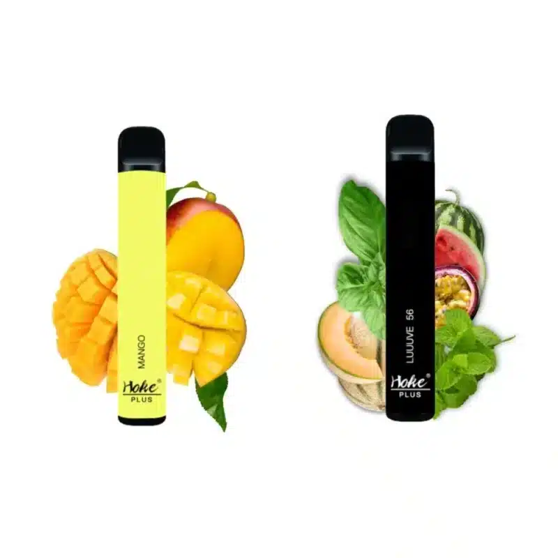 Une e-cigarette hoke plus 800 puff 0 ou 2% de nicotine jaune et noire à côté d'une mangue, fruit et cbd suisse.