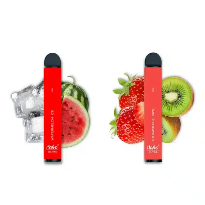 Deux e-cigarettes hoke ultra 2500 puff, achetées dans un magasin cbd en suisse, contenant 0% de nicotine, sont exposées côte à côte.