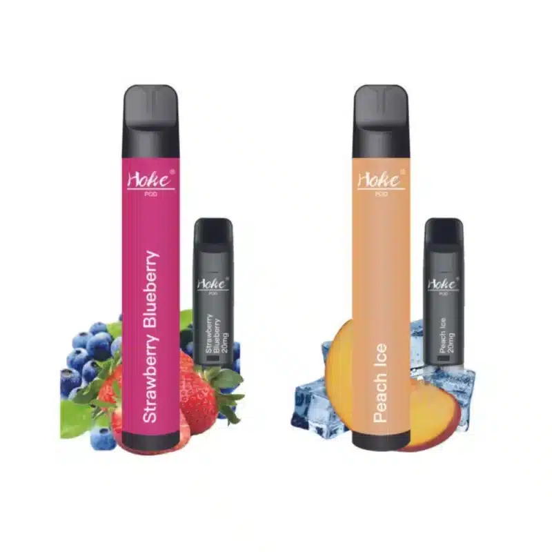 Une e-cigarette hoke pod starter kit 800 puff 2% de nicotine au goût myrtille et fraise, disponible à l'achat en suisse.