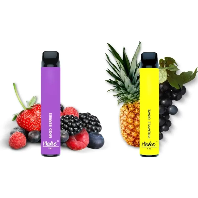 Une e-cigarette hoke xxl 1600 puff 0% nicotine aux arômes violet et jaune à côté d'une baie, favorisant la santé cbd avec achat cbd et huile de cbd.