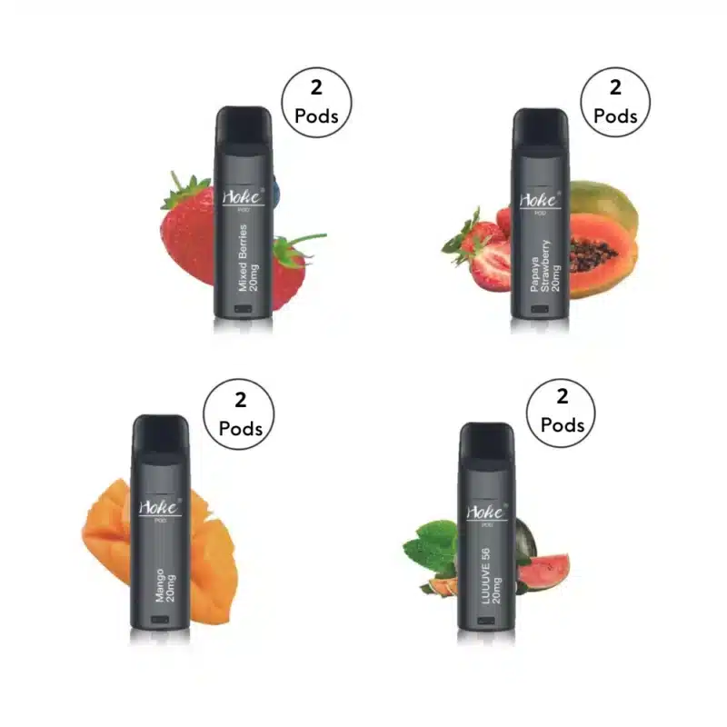 Quatre types différents de hoke pods (2 pods) 800 puff 2% de nicotine avec des fruits dessus, maintenant disponibles avec cbd suisse.
