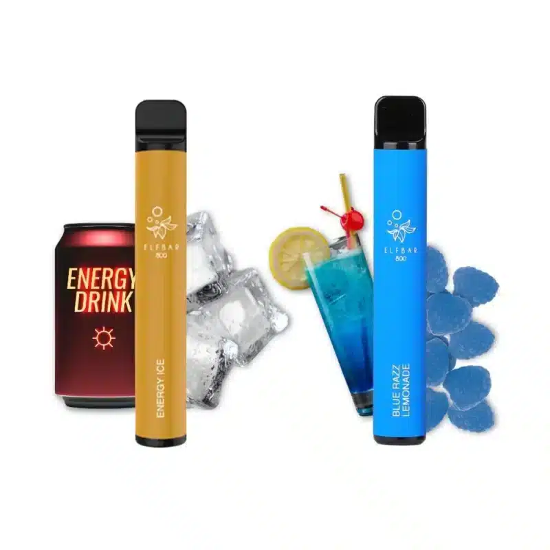 Une e-cigarette elfbar 800 puff 2% nicotine swiss botanic et une bouteille de soda à côté d'une e-cigarette elfbar 800 puff 2% nicotine swiss botanic