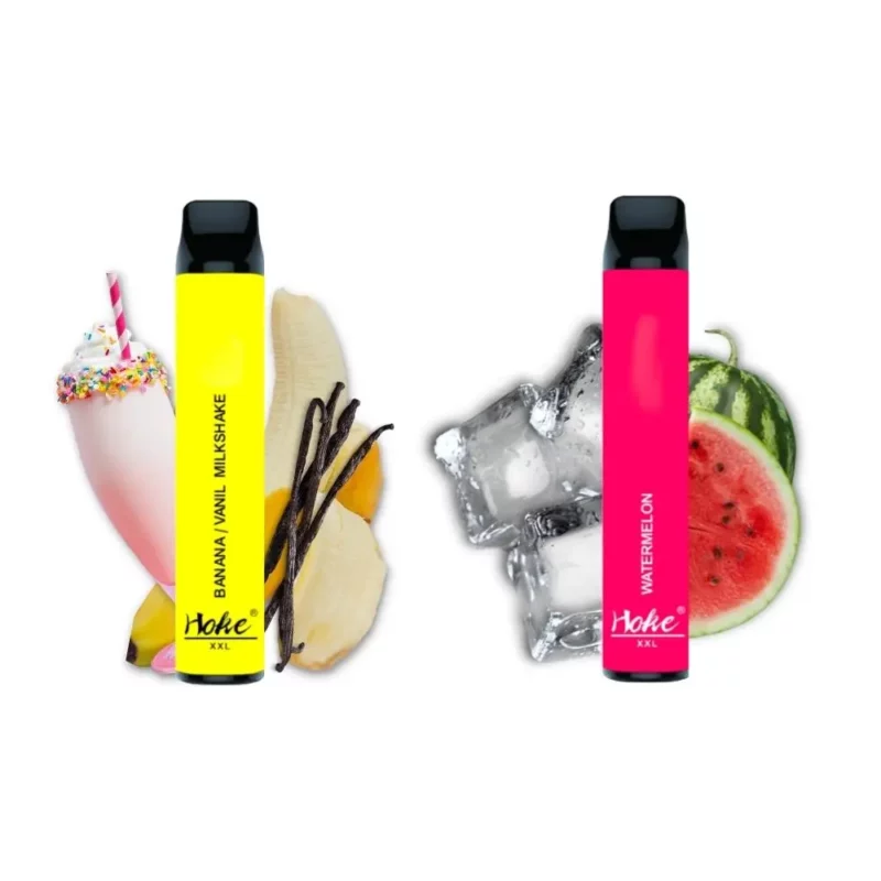 Une e-cigarette hoke xxl 1600 puff 0% nicotine rose et jaune à côté d'une pastèque et d'une glace infusée au cbd suisse.