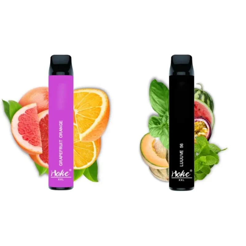 Une e-cigarette cbd rose et violette à côté d’un fruit.