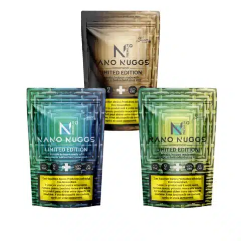 Trois sachets de fleurs de cbd indoor pack cbd nano nuggs premium limited edition - 1 % thc en or, vert et jaune, chacun étiqueté "limited edition cbd" et comportant des avertissements multilingues au bas du sachet.